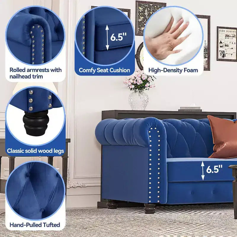 60 in. Velvet Blue Couches 2-Seater Loveseat for Living Room Furniture Sets-Morden Fort