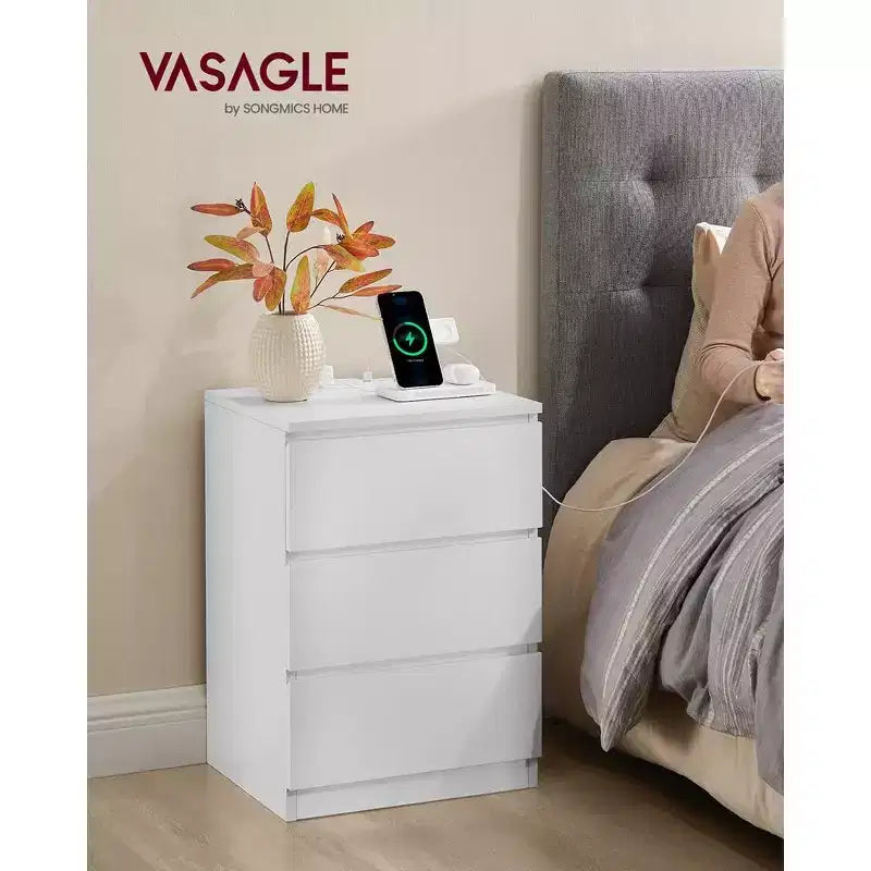 VASAGLE Nightstand with Charging Station, Bedside Table, Side End Table with 3 Drawers, 2 AC Outlets, 2 USB Ports, Beveled Drawer Fronts