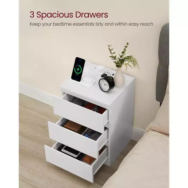VASAGLE Nightstand with Charging Station, Bedside Table, Side End Table with 3 Drawers, 2 AC Outlets, 2 USB Ports, Beveled Drawer Fronts
