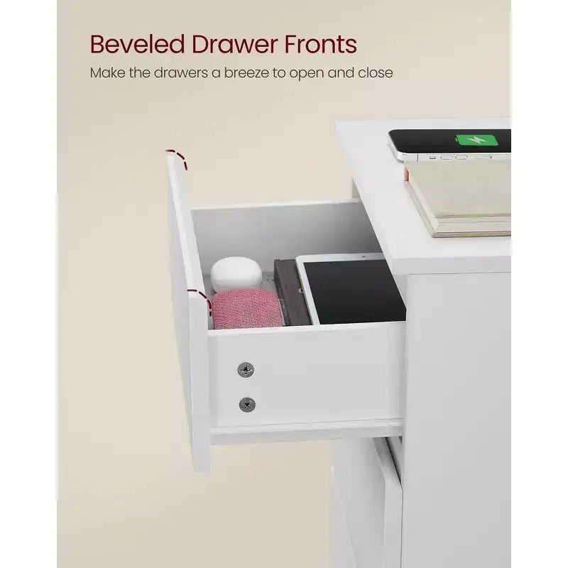 VASAGLE Nightstand with Charging Station, Bedside Table, Side End Table with 3 Drawers, 2 AC Outlets, 2 USB Ports, Beveled Drawer Fronts