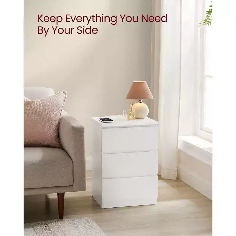 VASAGLE Nightstand with Charging Station, Bedside Table, Side End Table with 3 Drawers, 2 AC Outlets, 2 USB Ports, Beveled Drawer Fronts