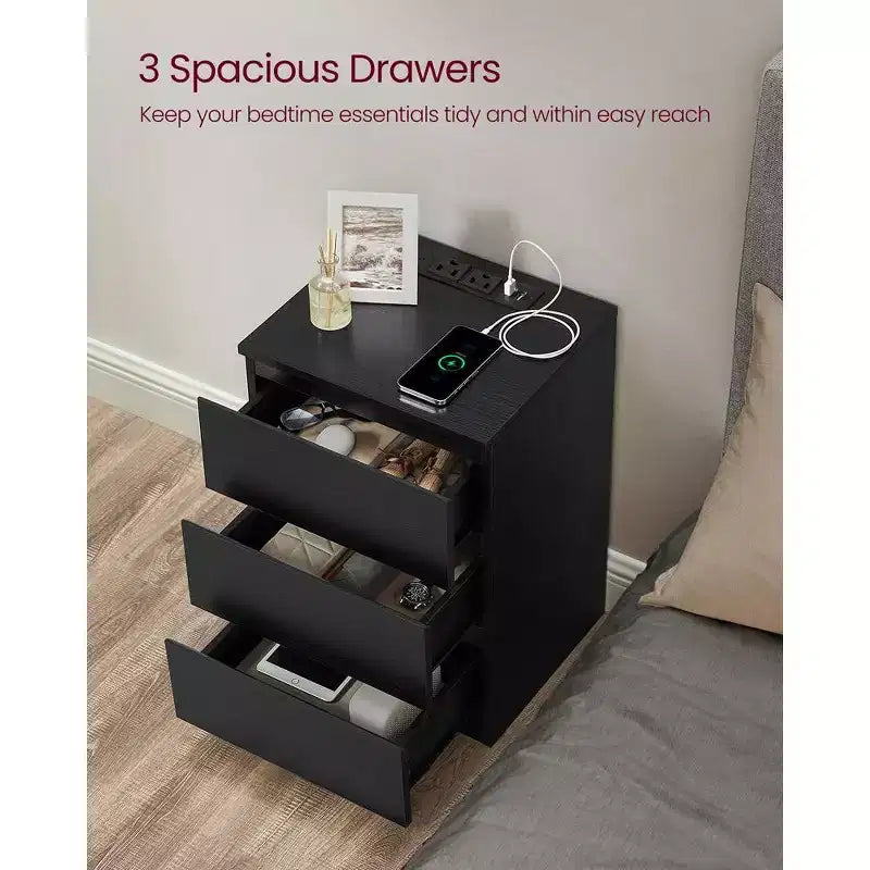 VASAGLE Nightstand with Charging Station, Bedside Table, Side End Table with 3 Drawers, 2 AC Outlets, 2 USB Ports, Beveled Drawer Fronts