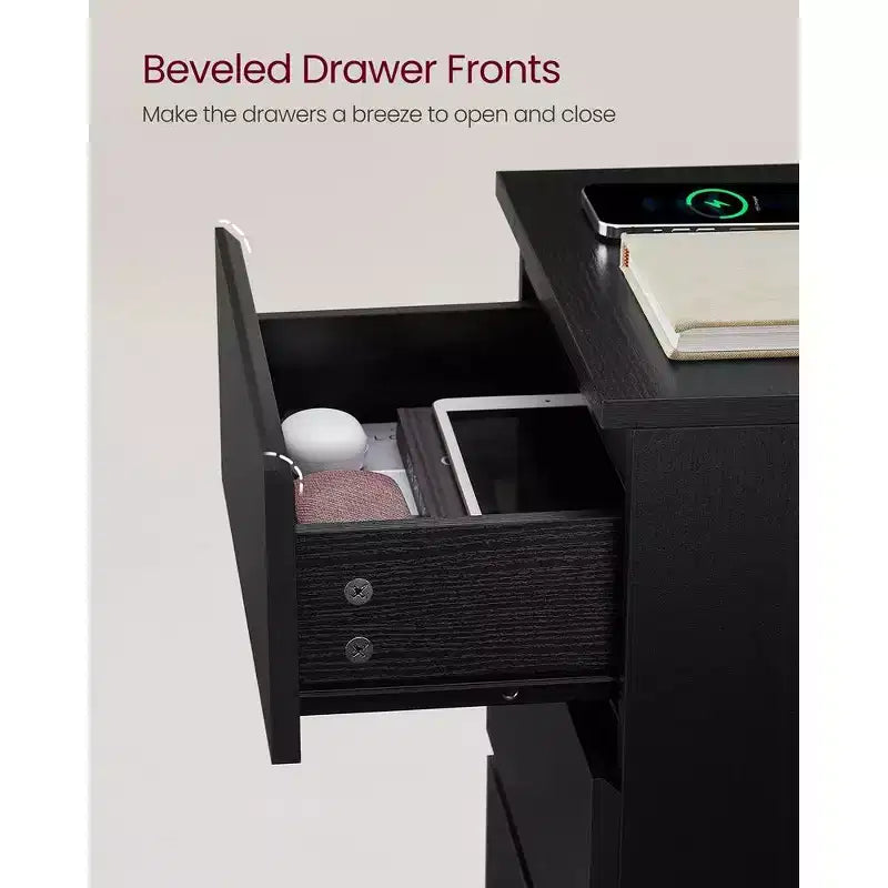 VASAGLE Nightstand with Charging Station, Bedside Table, Side End Table with 3 Drawers, 2 AC Outlets, 2 USB Ports, Beveled Drawer Fronts
