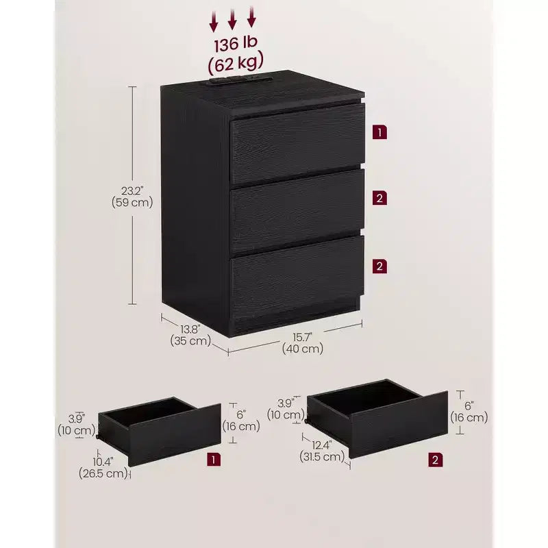 VASAGLE Nightstand with Charging Station, Bedside Table, Side End Table with 3 Drawers, 2 AC Outlets, 2 USB Ports, Beveled Drawer Fronts