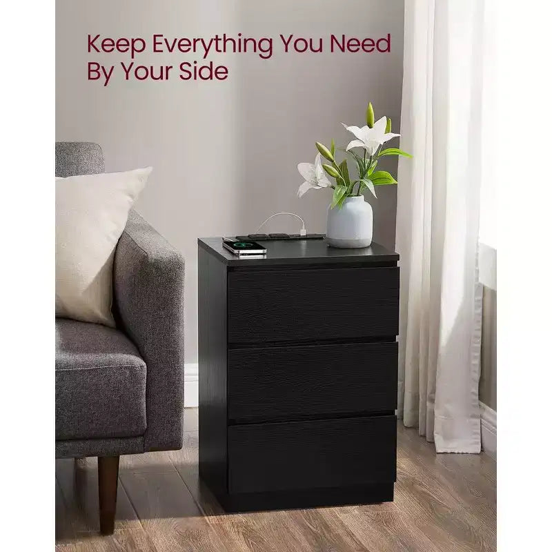 VASAGLE Nightstand with Charging Station, Bedside Table, Side End Table with 3 Drawers, 2 AC Outlets, 2 USB Ports, Beveled Drawer Fronts