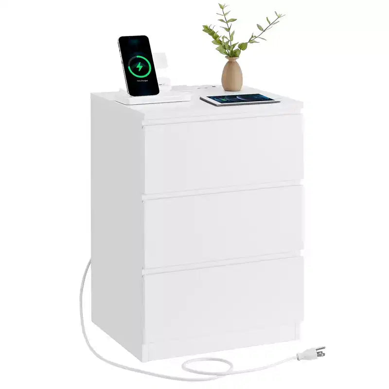 VASAGLE Nightstand with Charging Station, Bedside Table, Side End Table with 3 Drawers, 2 AC Outlets, 2 USB Ports, Beveled Drawer Fronts