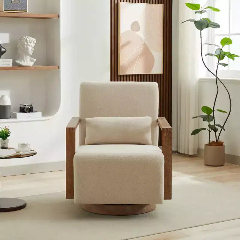 Fauteuil d'appoint rembourré pivotant moderne de 30,31 W avec accoudoirs en bois massif, fauteuil de lecture inclinable à 360 degrés