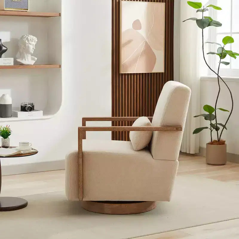 Fauteuil d'appoint rembourré pivotant moderne de 30,31 W avec accoudoirs en bois massif, fauteuil de lecture inclinable à 360 degrés