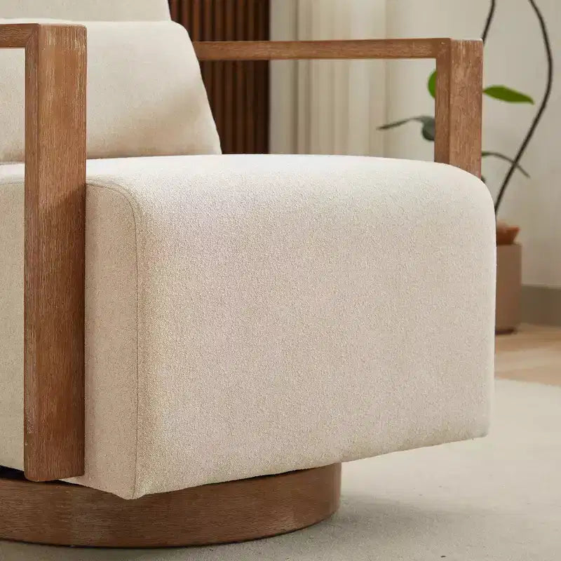 Fauteuil d'appoint rembourré pivotant moderne de 30,31 W avec accoudoirs en bois massif, fauteuil de lecture inclinable à 360 degrés