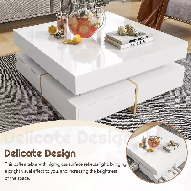 Modern High Gloss Coffee Table With 4 Drawers, Multi-Storage Square Cocktail Tea Table,Center Table,abstract,white,31.5in,2.63ft