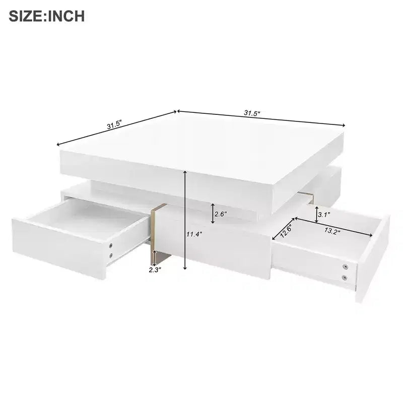 Modern High Gloss Coffee Table With 4 Drawers, Multi-Storage Square Cocktail Tea Table,Center Table,abstract,white,31.5in,2.63ft