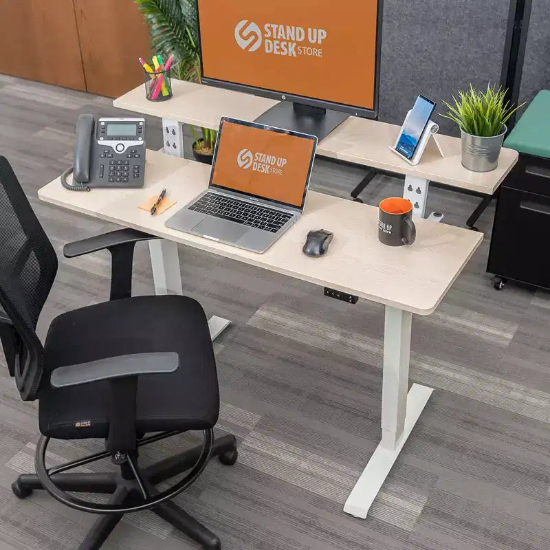 Stand Up Desk Store Programmable Electric Two-Tier Compact Standing Desk (White Frame/Birch Desktop, 48 Wide)