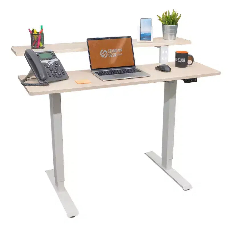 Stand Up Desk Store Programmable Electric Two-Tier Compact Standing Desk (White Frame/Birch Desktop, 48 Wide)