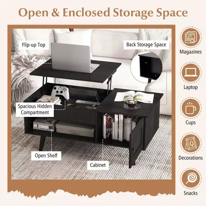 Costway Lift Top Coffee Table with Storage Hidden Compartment Cabinet & Open Shelf Black/Brown/Natural