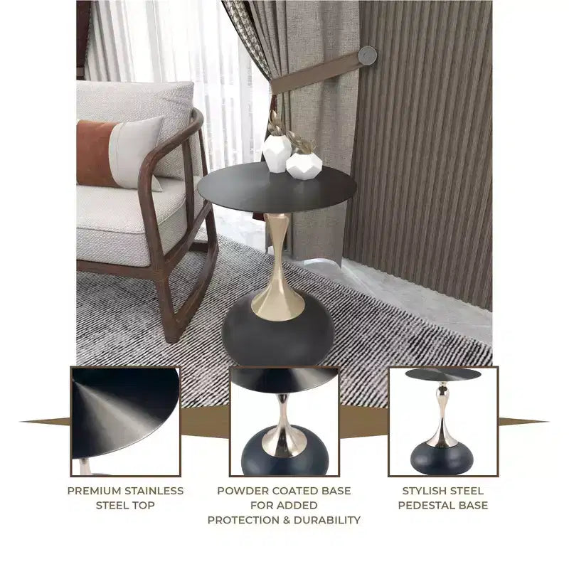 LeisureMod Savoy Modern Pedestal End Table - Black Stainless Steel Accent Table
