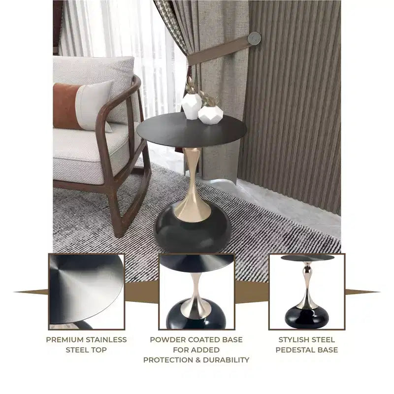 LeisureMod Savoy Modern Pedestal End Table - Black Stainless Steel Accent Table