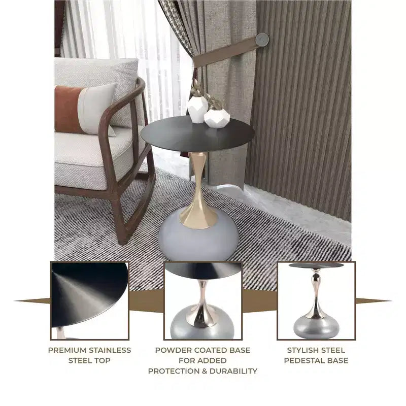 LeisureMod Savoy Modern Pedestal End Table - Black Stainless Steel Accent Table