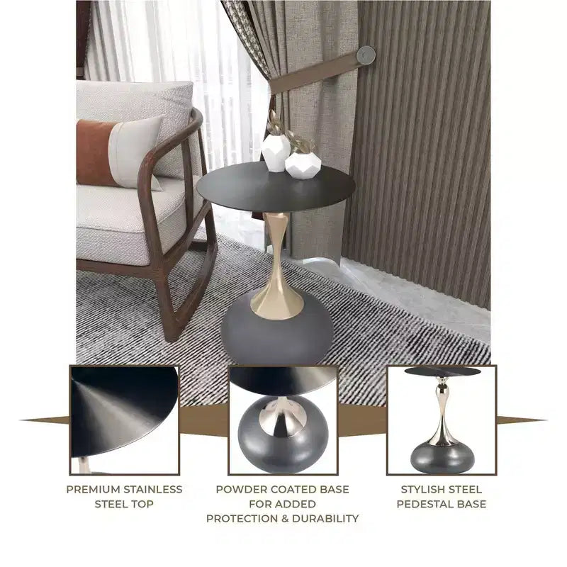 LeisureMod Savoy Modern Pedestal End Table - Black Stainless Steel Accent Table