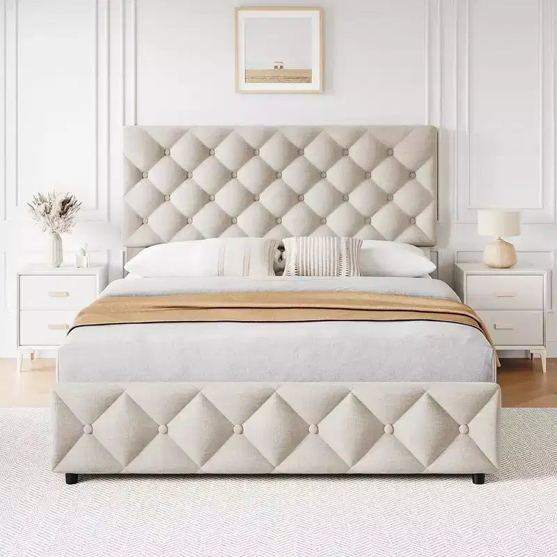 Whizmax Bed Frame with 4 Storage Drawers, Linen Upholstered Platform Bed Frame with Adjustable Headboard, Diamond Stitched Button Tufted, Off White