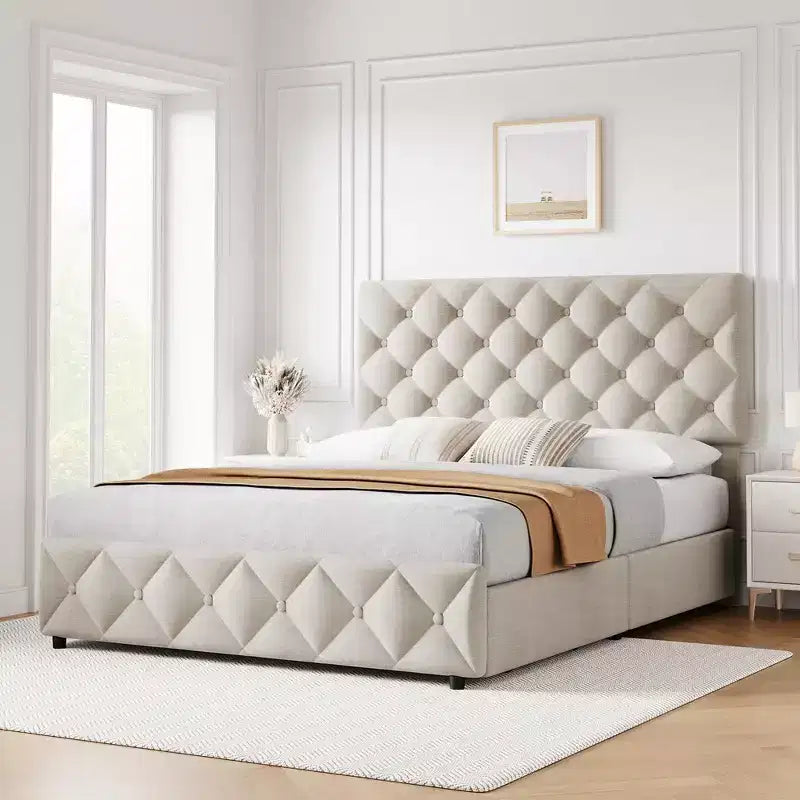 Whizmax Bed Frame with 4 Storage Drawers, Linen Upholstered Platform Bed Frame with Adjustable Headboard, Diamond Stitched Button Tufted, Off White