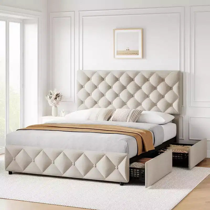 Whizmax Bed Frame with 4 Storage Drawers, Linen Upholstered Platform Bed Frame with Adjustable Headboard, Diamond Stitched Button Tufted, Off White