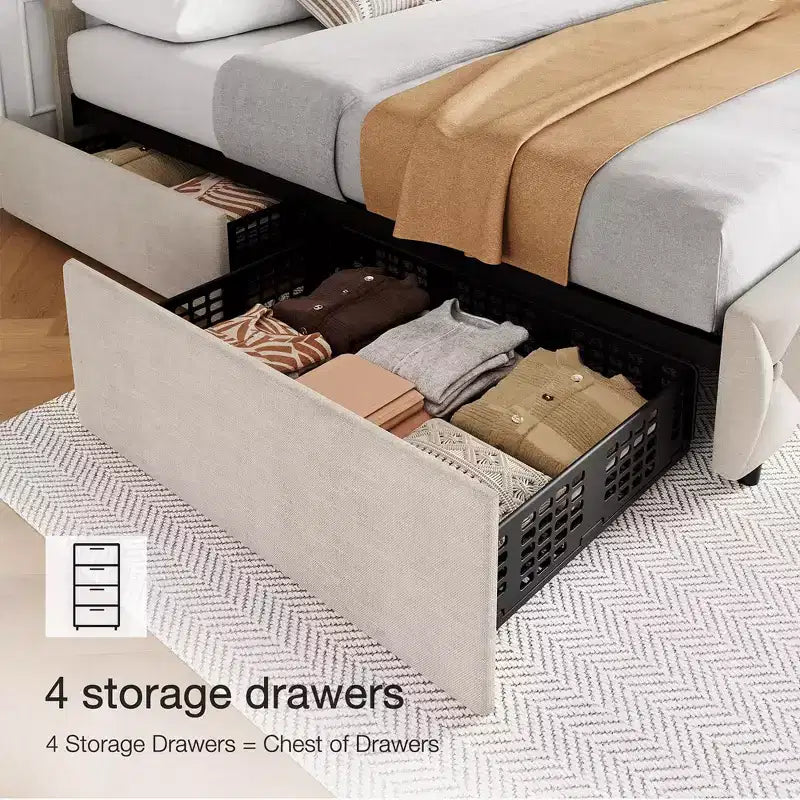 Whizmax Bed Frame with 4 Storage Drawers, Linen Upholstered Platform Bed Frame with Adjustable Headboard, Diamond Stitched Button Tufted, Off White