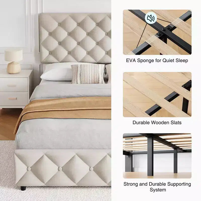 Whizmax Bed Frame with 4 Storage Drawers, Linen Upholstered Platform Bed Frame with Adjustable Headboard, Diamond Stitched Button Tufted, Off White