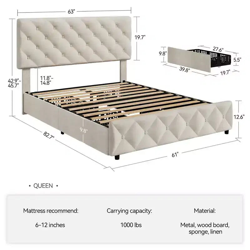 Whizmax Bed Frame with 4 Storage Drawers, Linen Upholstered Platform Bed Frame with Adjustable Headboard, Diamond Stitched Button Tufted, Off White