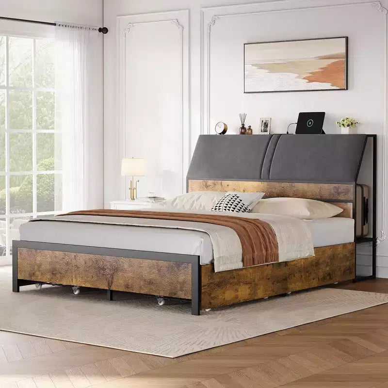 Whizmax Bed Frame with Charging Station and 4 Storage Drawers, Metal Platform Bed with Ergonomic Large Storage Headboard, No Box Spring Needed, Brown