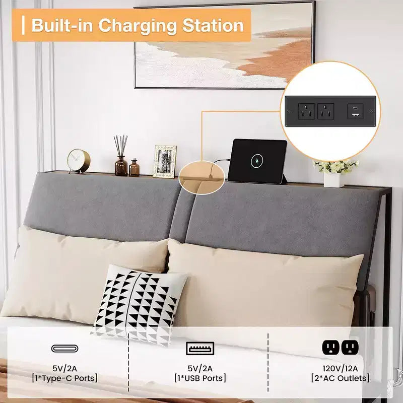 Whizmax Bed Frame with Charging Station and 4 Storage Drawers, Metal Platform Bed with Ergonomic Large Storage Headboard, No Box Spring Needed, Brown