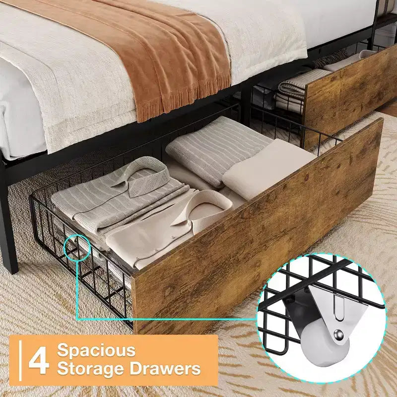 Whizmax Bed Frame with Charging Station and 4 Storage Drawers, Metal Platform Bed with Ergonomic Large Storage Headboard, No Box Spring Needed, Brown