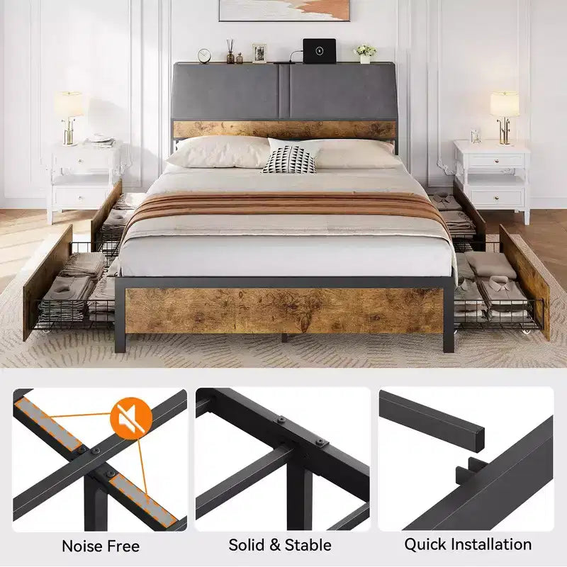 Whizmax Bed Frame with Charging Station and 4 Storage Drawers, Metal Platform Bed with Ergonomic Large Storage Headboard, No Box Spring Needed, Brown