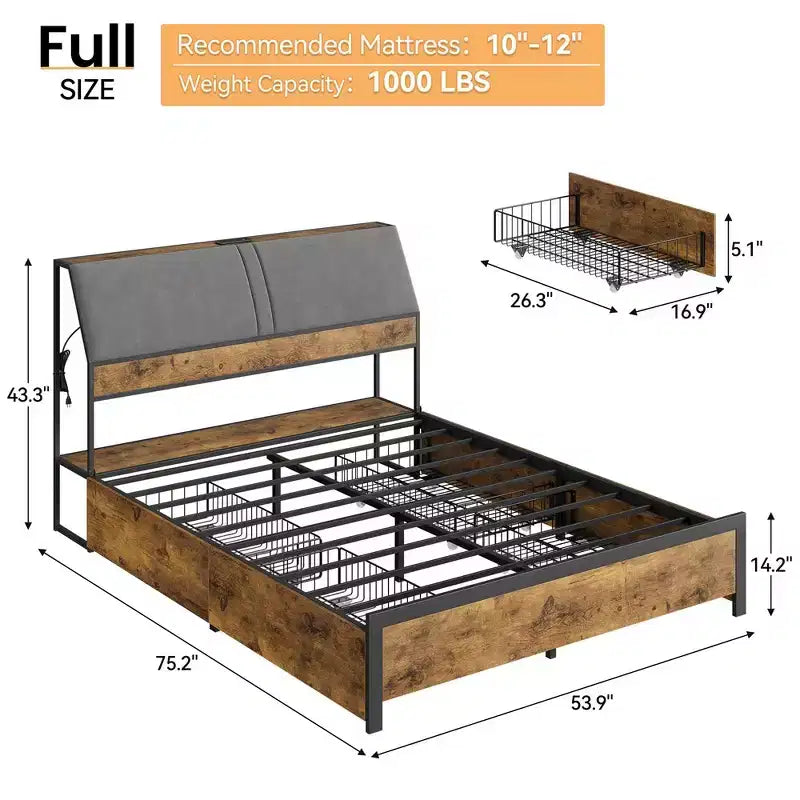 Whizmax Bed Frame with Charging Station and 4 Storage Drawers, Metal Platform Bed with Ergonomic Large Storage Headboard, No Box Spring Needed, Brown