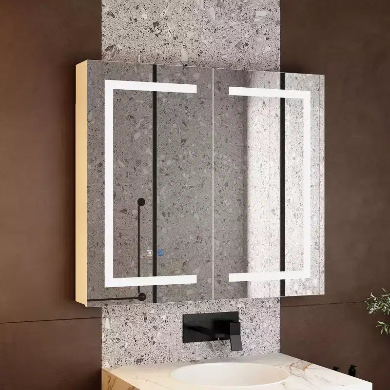 Famapy White Anti-Fog Bathroom Medicine Cabinet with Lights and Two Mirror Doors