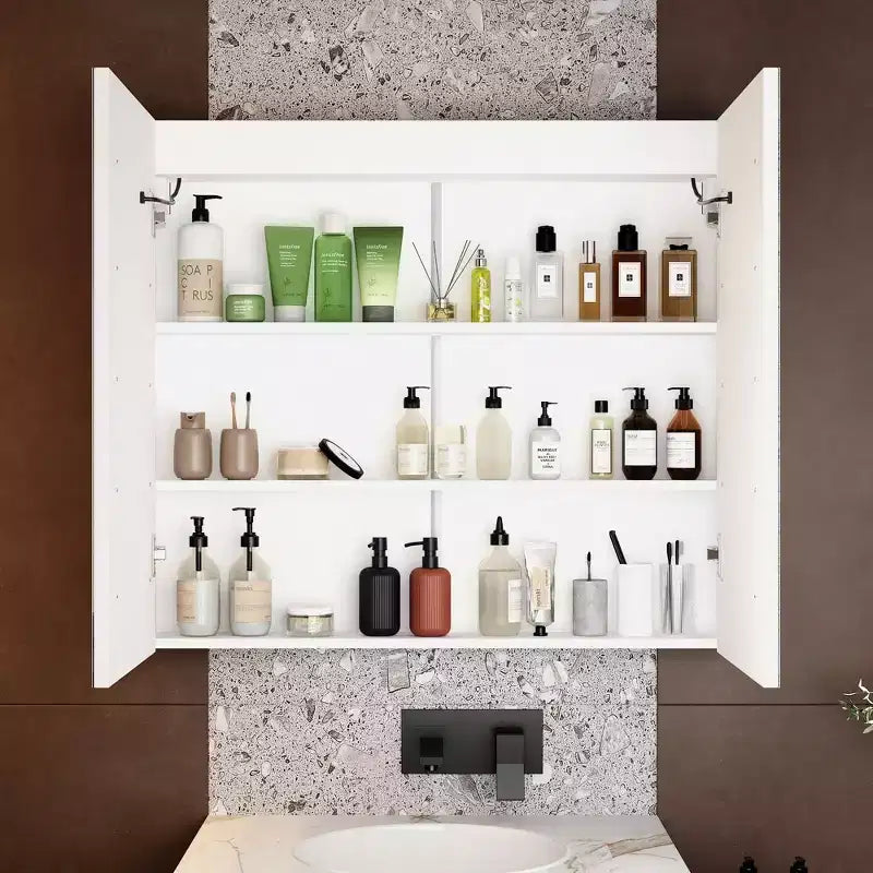 Famapy White Anti-Fog Bathroom Medicine Cabinet with Lights and Two Mirror Doors