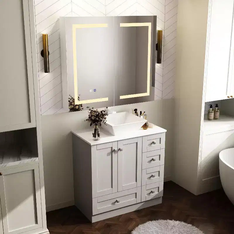 Famapy White Anti-Fog Bathroom Medicine Cabinet with Lights and Two Mirror Doors