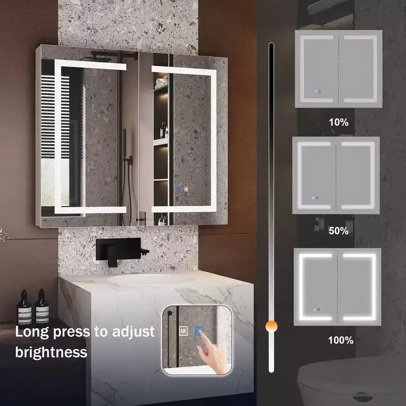 Famapy White Anti-Fog Bathroom Medicine Cabinet with Lights and Two Mirror Doors