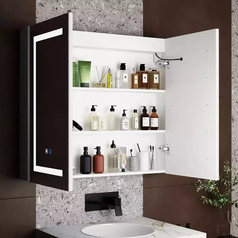 Famapy White Anti-Fog Bathroom Medicine Cabinet with Lights and Two Mirror Doors
