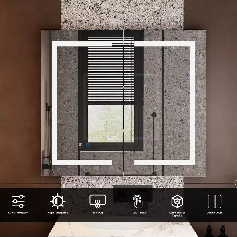 Famapy White Anti-Fog Bathroom Medicine Cabinet with Lights and Two Mirror Doors