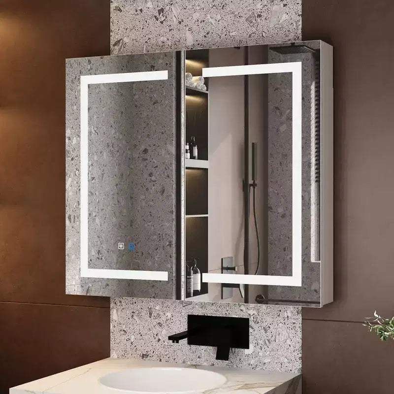 Famapy White Anti-Fog Bathroom Medicine Cabinet with Lights and Two Mirror Doors