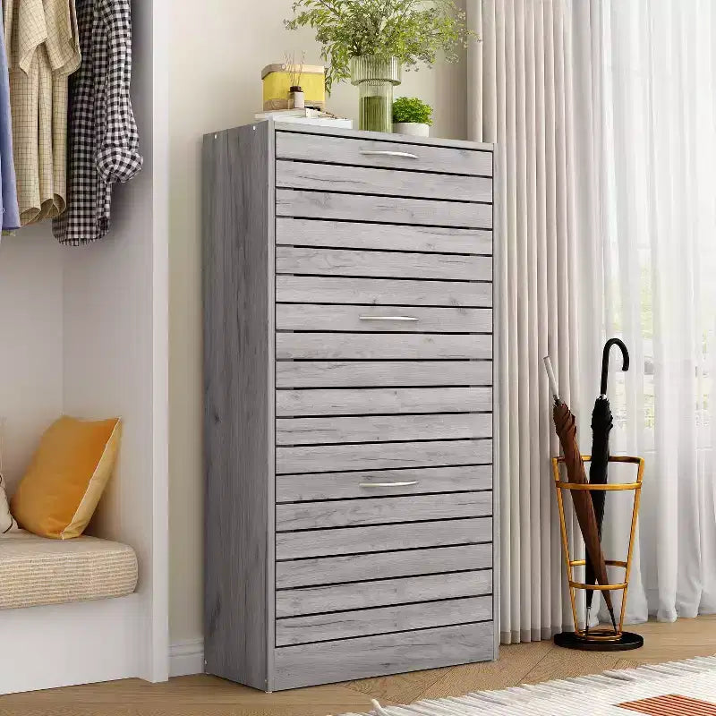 amapy Wood Grain Design Shoe Cabinet Entryway Shoe Rack 3 Tier Shelves