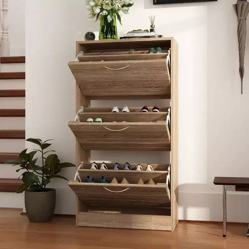 amapy Wood Grain Design Shoe Cabinet Entryway Shoe Rack 3 Tier Shelves