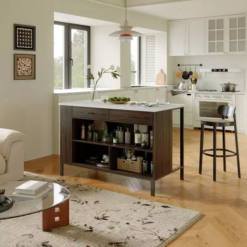 Famapy Kitchen Island Cart with Marble Countertop,2 Drawers,6 Shelves,Metal Legs,Ample Storage,Pantry Cabinet,Dining Table,All-in-One Kitchen Solution