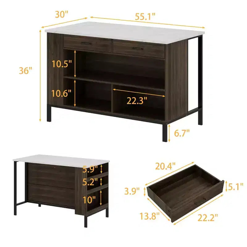Famapy Kitchen Island Cart with Marble Countertop,2 Drawers,6 Shelves,Metal Legs,Ample Storage,Pantry Cabinet,Dining Table,All-in-One Kitchen Solution