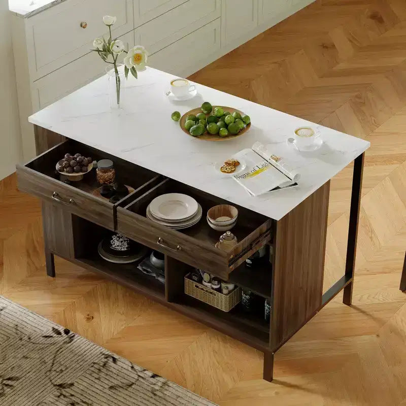 Famapy Kitchen Island Cart with Marble Countertop,2 Drawers,6 Shelves,Metal Legs,Ample Storage,Pantry Cabinet,Dining Table,All-in-One Kitchen Solution