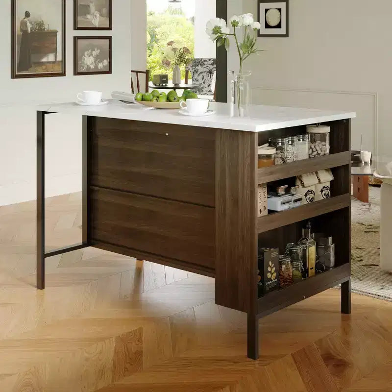 Famapy Kitchen Island Cart with Marble Countertop,2 Drawers,6 Shelves,Metal Legs,Ample Storage,Pantry Cabinet,Dining Table,All-in-One Kitchen Solution