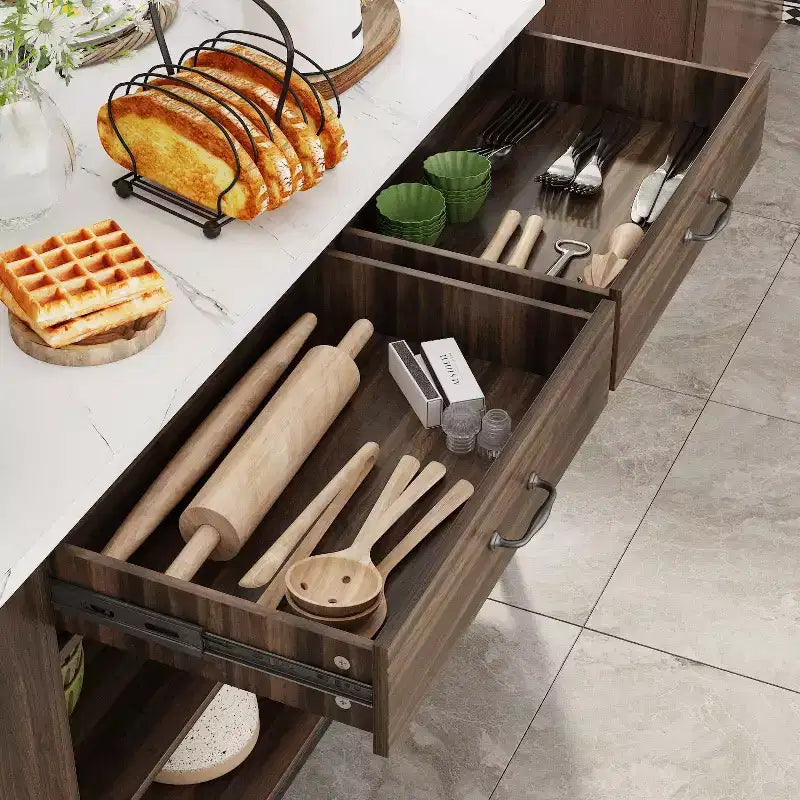 Famapy Kitchen Island Cart with Marble Countertop,2 Drawers,6 Shelves,Metal Legs,Ample Storage,Pantry Cabinet,Dining Table,All-in-One Kitchen Solution