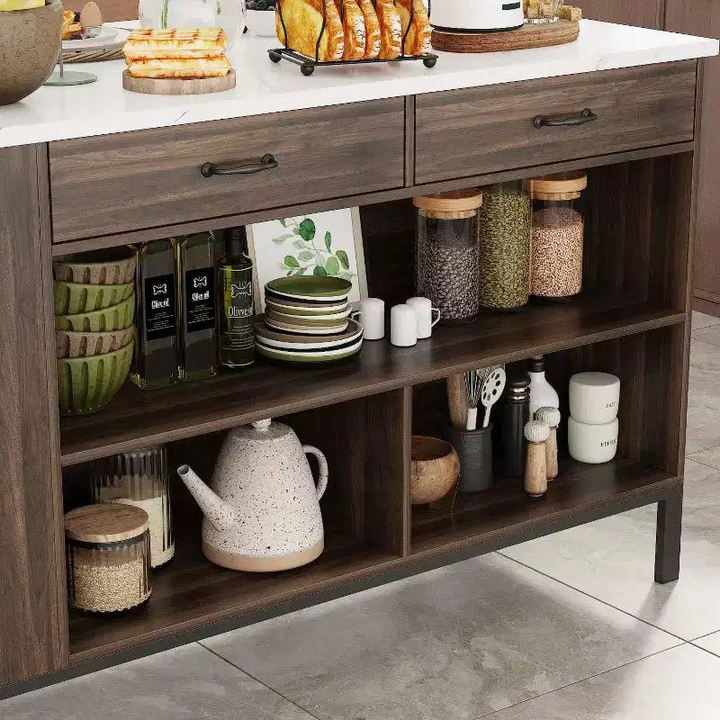 Famapy Kitchen Island Cart with Marble Countertop,2 Drawers,6 Shelves,Metal Legs,Ample Storage,Pantry Cabinet,Dining Table,All-in-One Kitchen Solution