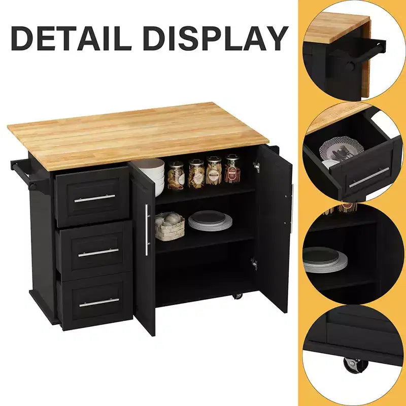 Kitchen Island on Wheels, Kitchen Island Cart w/Lockable Casters, 3 Large Drawers, 2-Door Cabinet, Towel Handle, Adjustable Shelves & Spacious Top