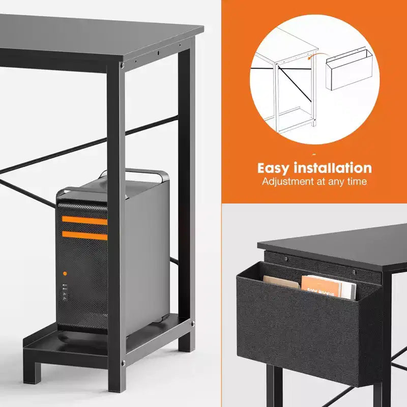 Bureau réversible en L de 127 cm de large avec sac de rangement | Noir